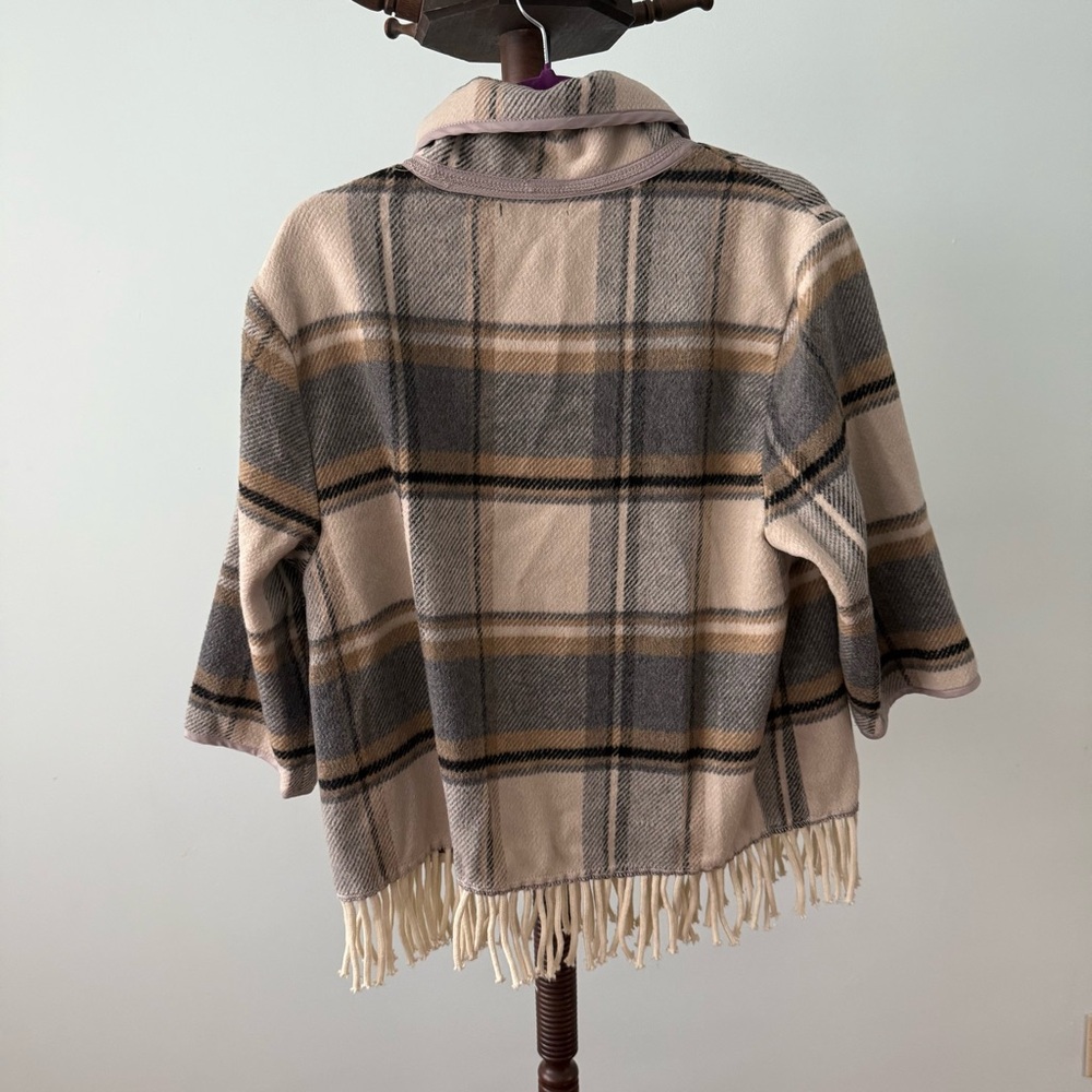 NWOT For Cynthia Plaid Fringe Jacket Coat L 3/4 Sleeve Buckle Snap Button Sz L - Picture 8 of 11